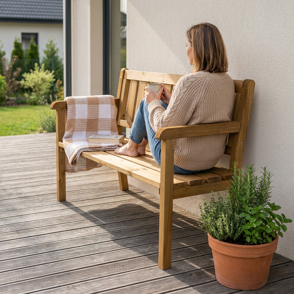 Banc de jardin en pin brun sur une terrasse en bois, une femme assise tasse à la main au matin